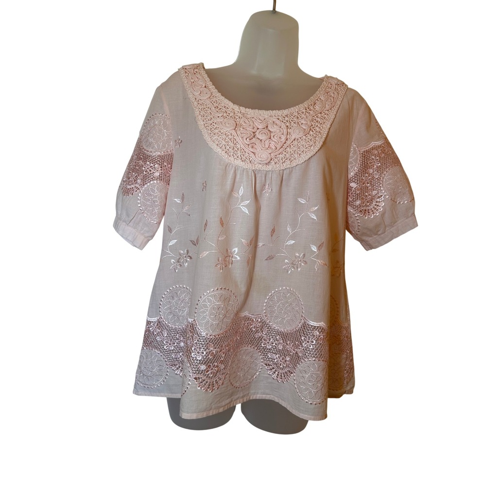 Lauren Michelle Pink Cotton Embroidered Crochet Lace Blouse Top Medium